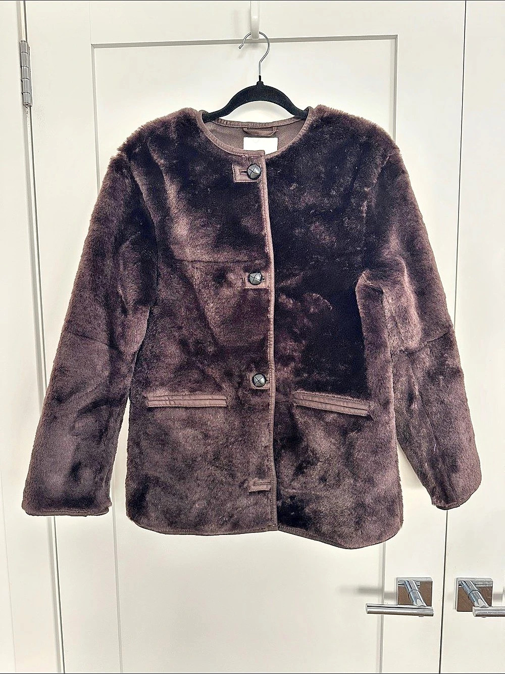 H&M Fluffy Jacket Faux Fur Button-Front Jacket in Brown Size Small NWT